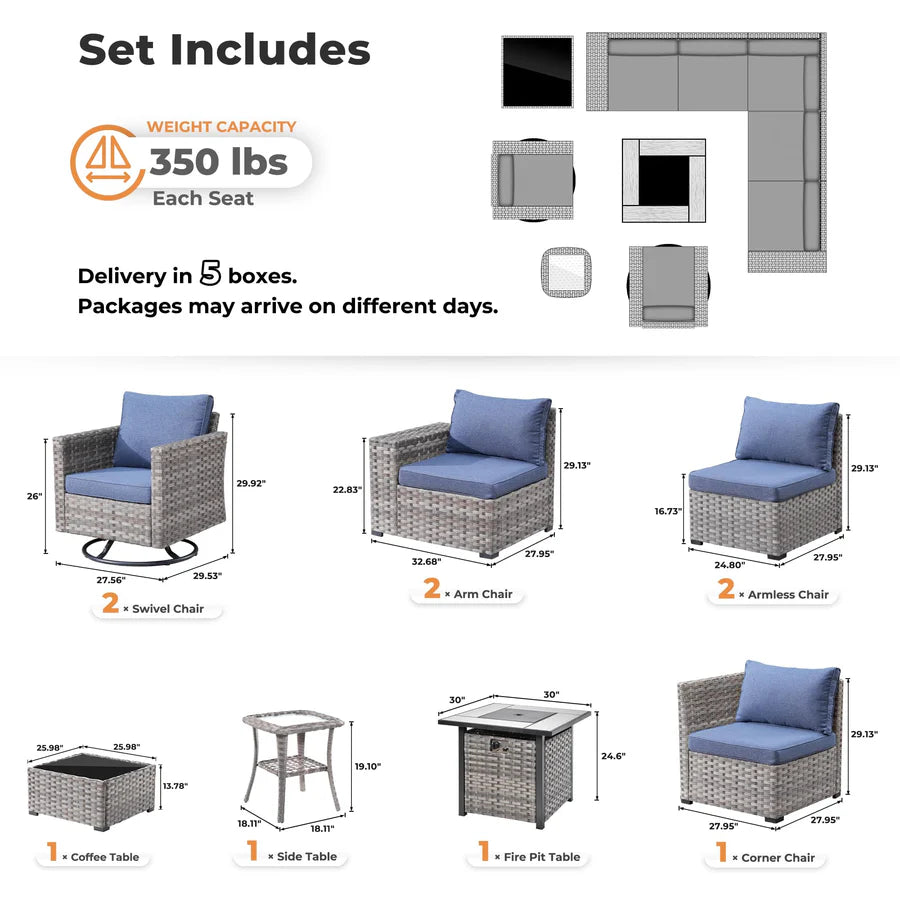 10 Pieces Patio Furniture with 7.68'' Handrails and 30'' Fire Pit Table Rocking Chair
