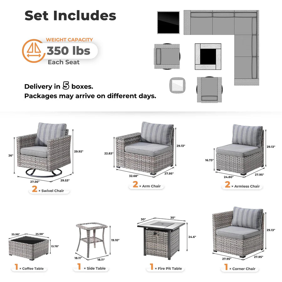 10 Pieces Patio Furniture with 7.68'' Handrails and 30'' Fire Pit Table Rocking Chair