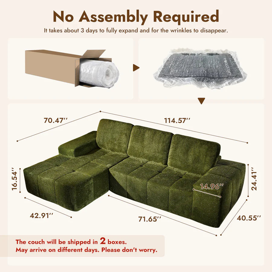 114" Cloud Sectional Sofa - L-Shaped Faux Leather Modular Couch with Deep Seat Chaise