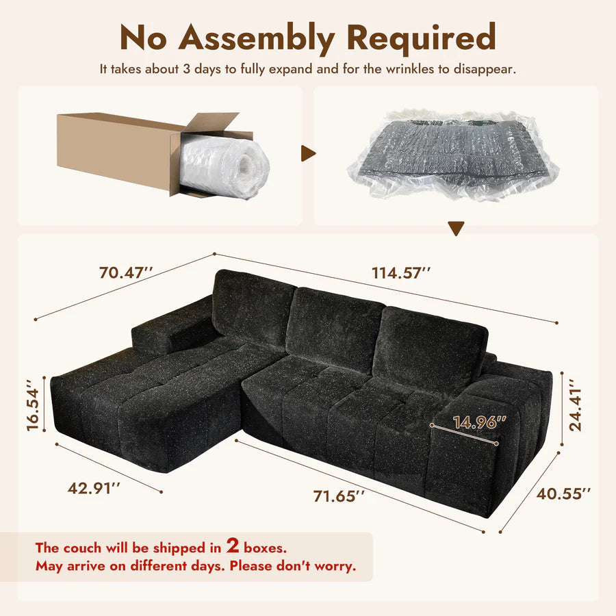 114" Cloud Sectional Sofa - L-Shaped Faux Leather Modular Couch with Deep Seat Chaise