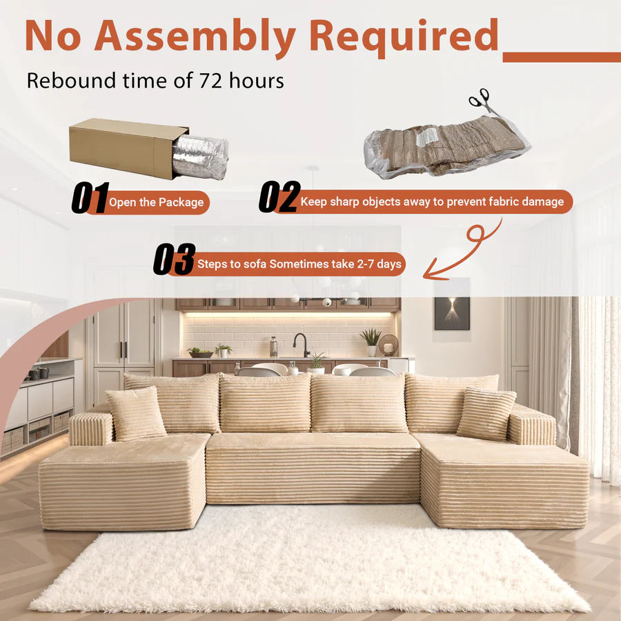 134" U-Shape Modular Couch , Plush Corduroy Fabric, No Assembly Required