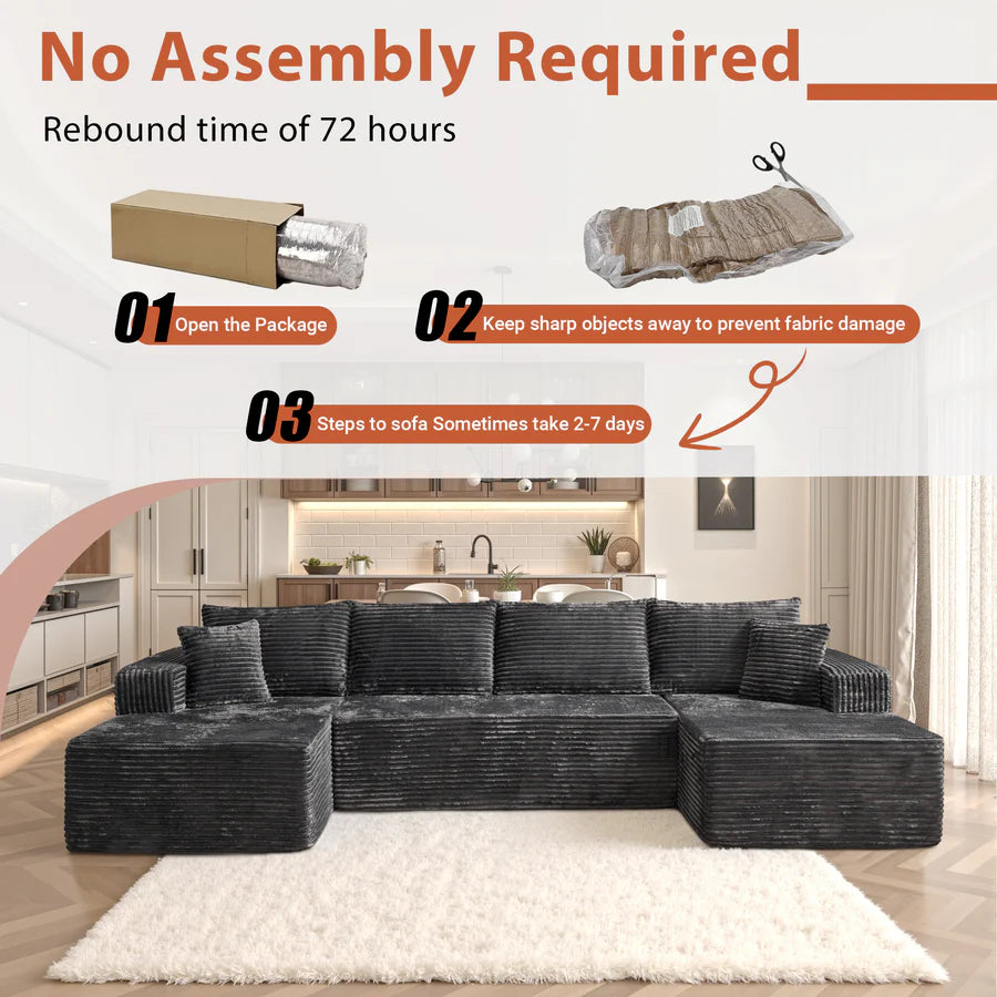 134" U-Shape Modular Couch , Plush Corduroy Fabric, No Assembly Required