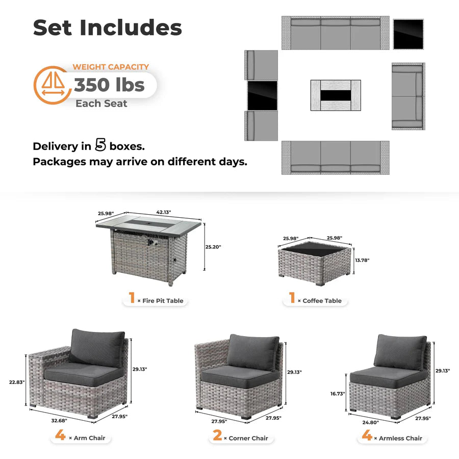 13 Pieces Outdoor Furniture with 7.68'' Broad Handrails and Rectangle 42.12'' Fire Pit Table