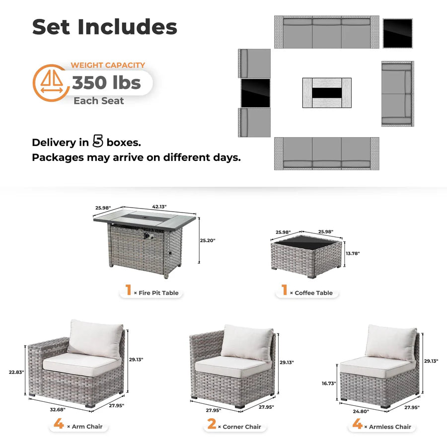 13 Pieces Outdoor Furniture with 7.68'' Broad Handrails and Rectangle 42.12'' Fire Pit Table