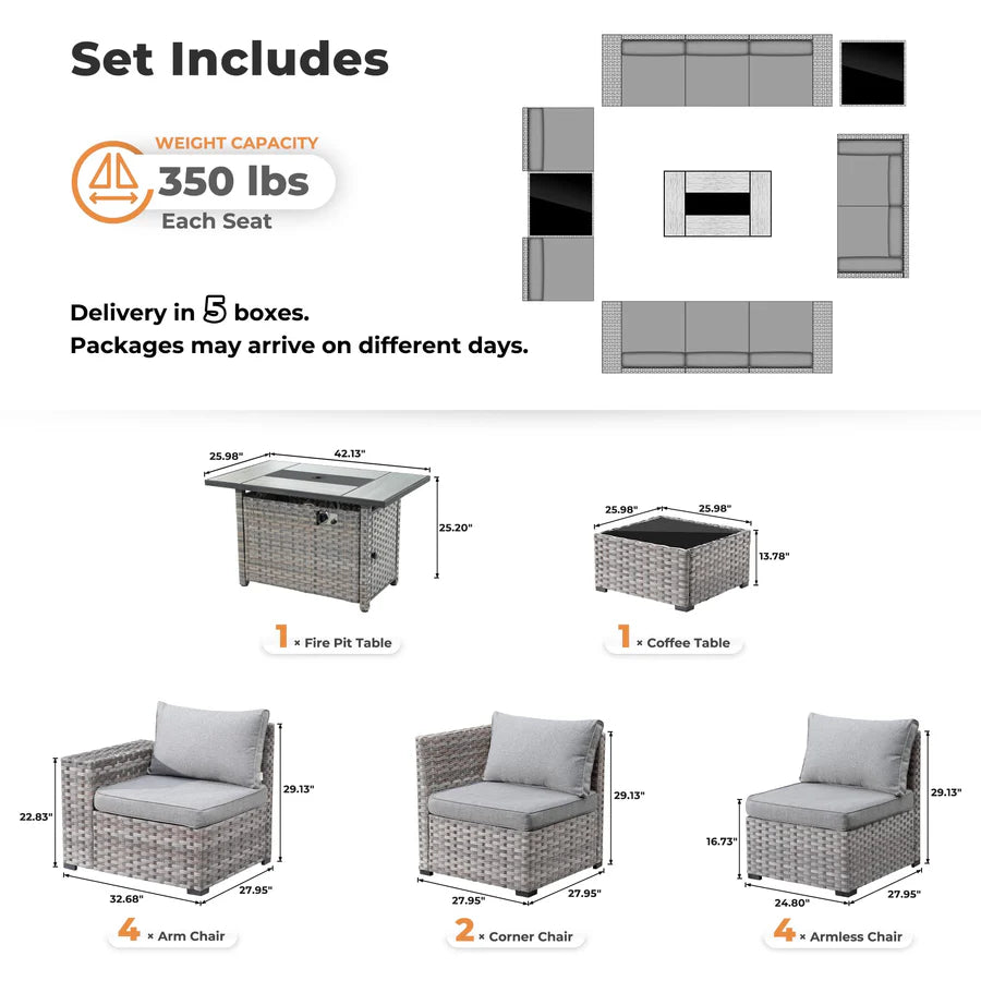 13 Pieces Outdoor Furniture with 7.68'' Broad Handrails and Rectangle 42.12'' Fire Pit Table