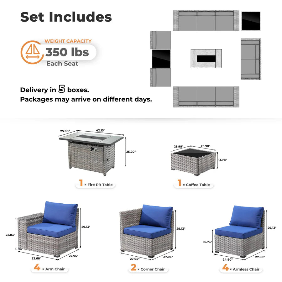 13 Pieces Outdoor Furniture with 7.68'' Broad Handrails and Rectangle 42.12'' Fire Pit Table