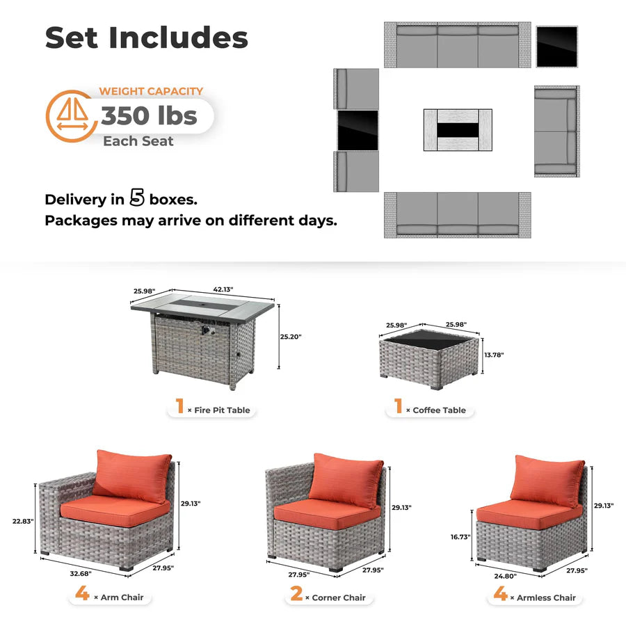 13 Pieces Outdoor Furniture with 7.68'' Broad Handrails and Rectangle 42.12'' Fire Pit Table