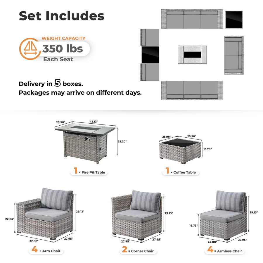 13 Pieces Outdoor Furniture with 7.68'' Broad Handrails and Rectangle 42.12'' Fire Pit Table