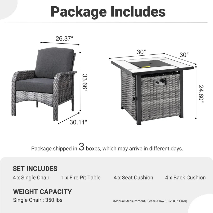 5-Piece Patio Set with Fire Pit Table,All Weather Grey Wicker Chairs & Cushions
