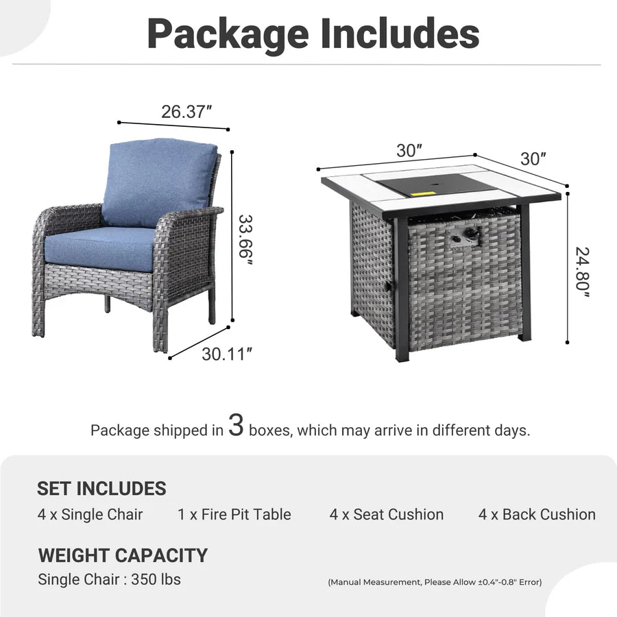 5-Piece Patio Set with Fire Pit Table,All Weather Grey Wicker Chairs & Cushions