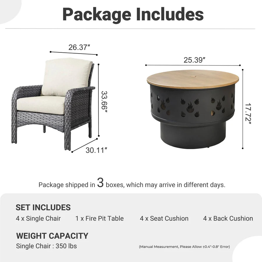 5 Pieces Patio Furniture Set with Fire Pit, Outdoor Wicker Chairs of 4