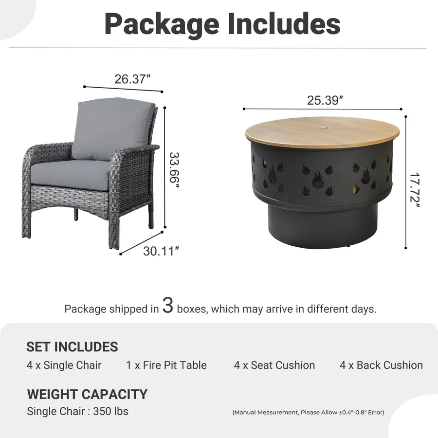 5 Pieces Patio Furniture Set with Fire Pit, Outdoor Wicker Chairs of 4
