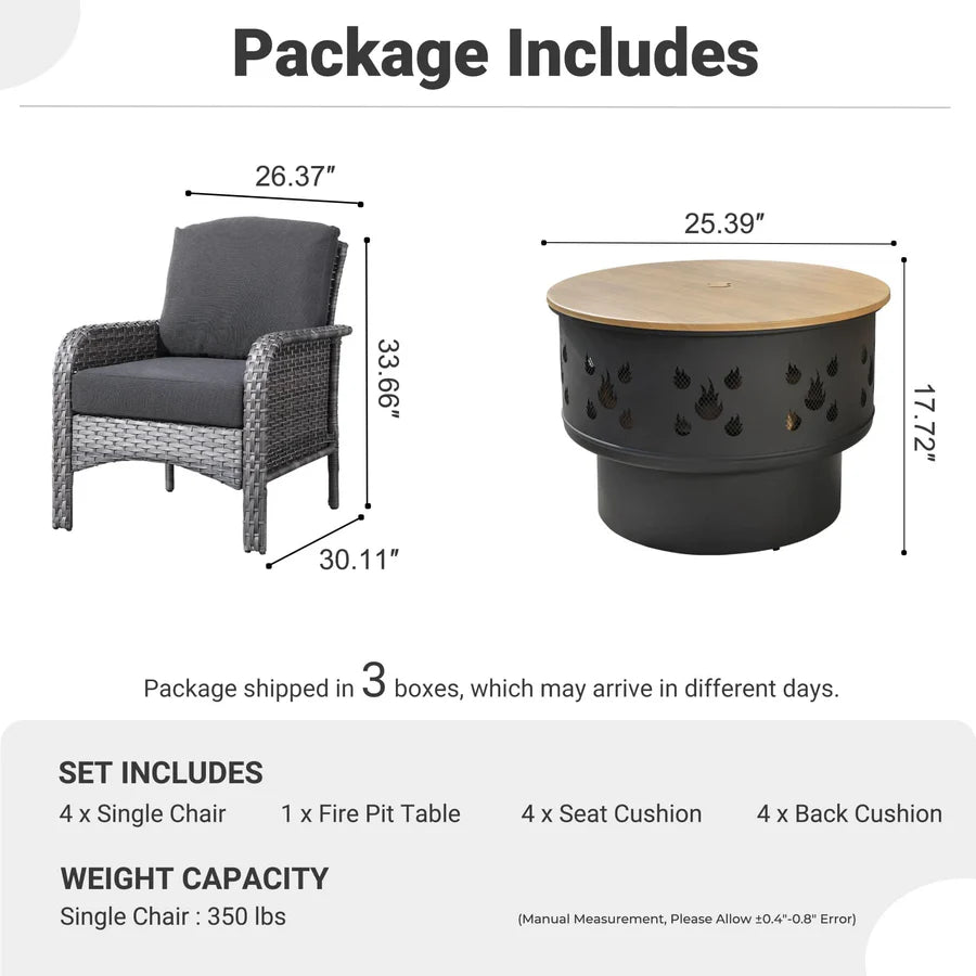 5 Pieces Patio Furniture Set with Fire Pit, Outdoor Wicker Chairs of 4