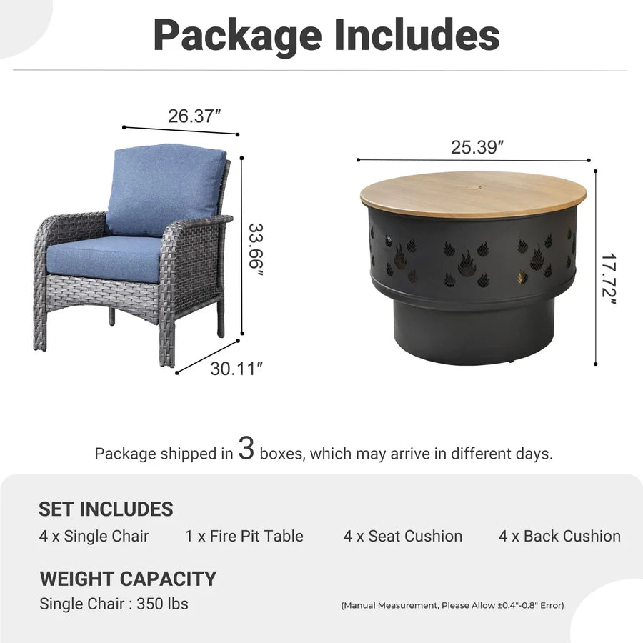 5 Pieces Patio Furniture Set with Fire Pit, Outdoor Wicker Chairs of 4