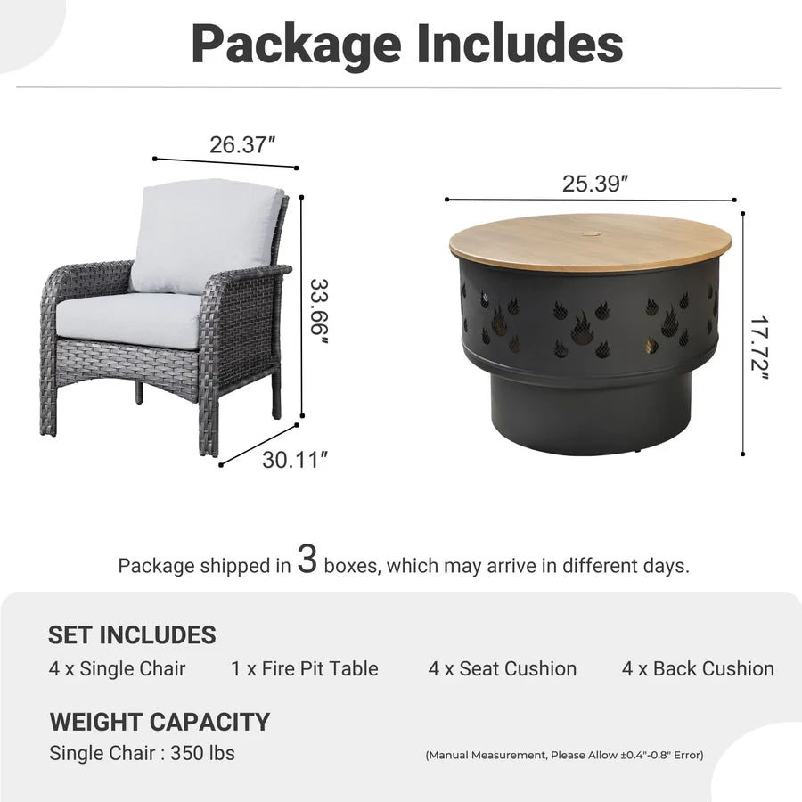 5 Pieces Patio Furniture Set with Fire Pit, Outdoor Wicker Chairs of 4