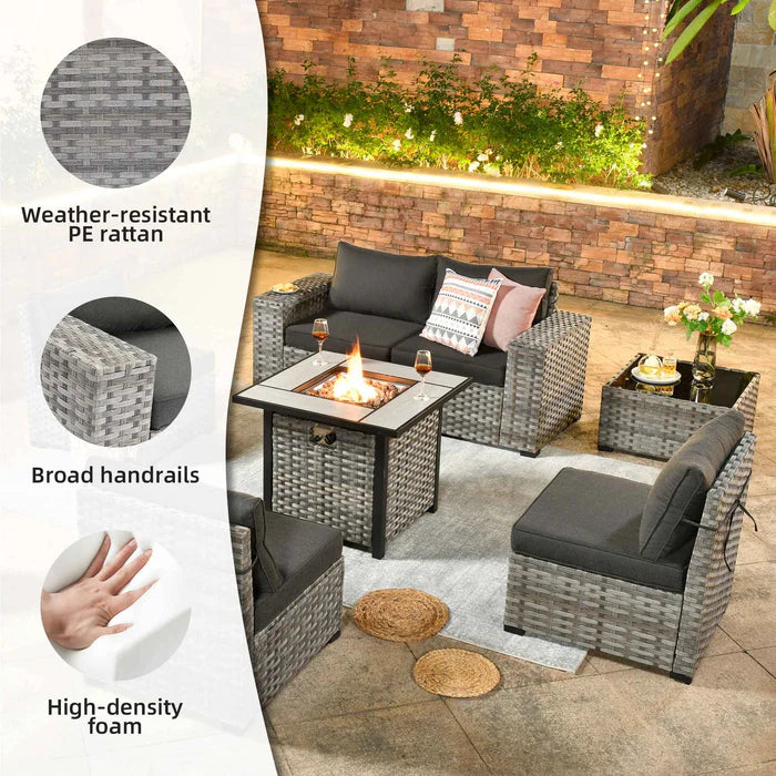 7 Pieces Patio Furniture Set with 7.68'' Broad Handrails and 30'' Fire Pit Table1