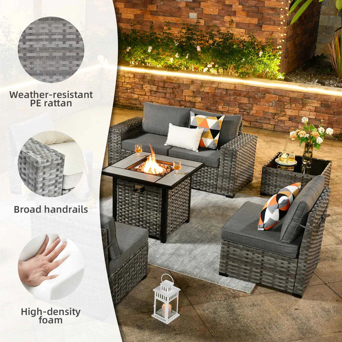 7 Pieces Patio Furniture Set with 7.68'' Broad Handrails and 30'' Fire Pit Table1