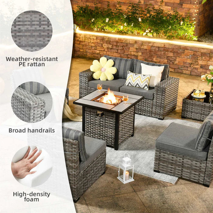 7 Pieces Patio Furniture Set with 7.68'' Broad Handrails and 30'' Fire Pit Table1
