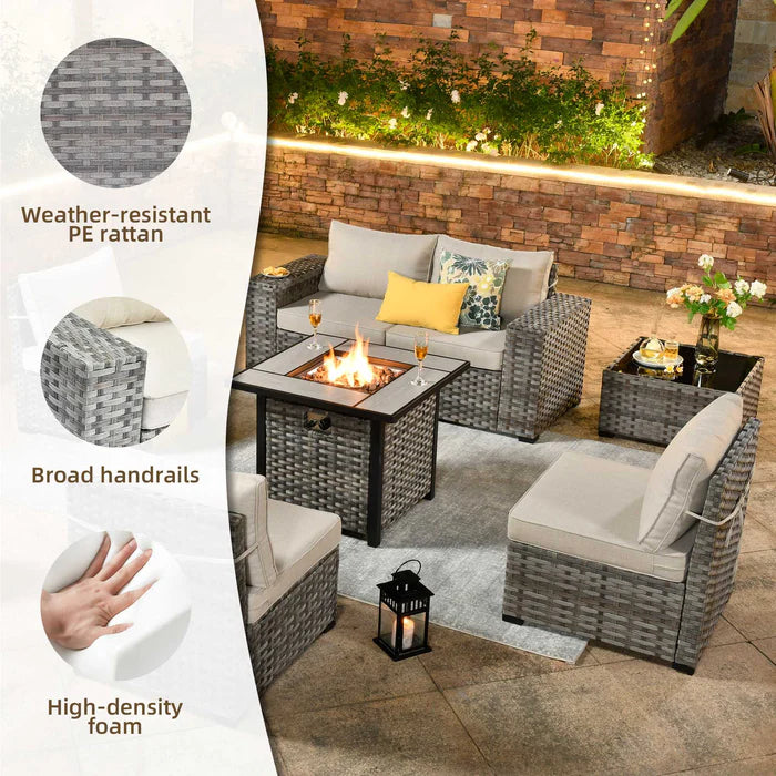 7 Pieces Patio Furniture Set with 7.68'' Broad Handrails and 30'' Fire Pit Table1