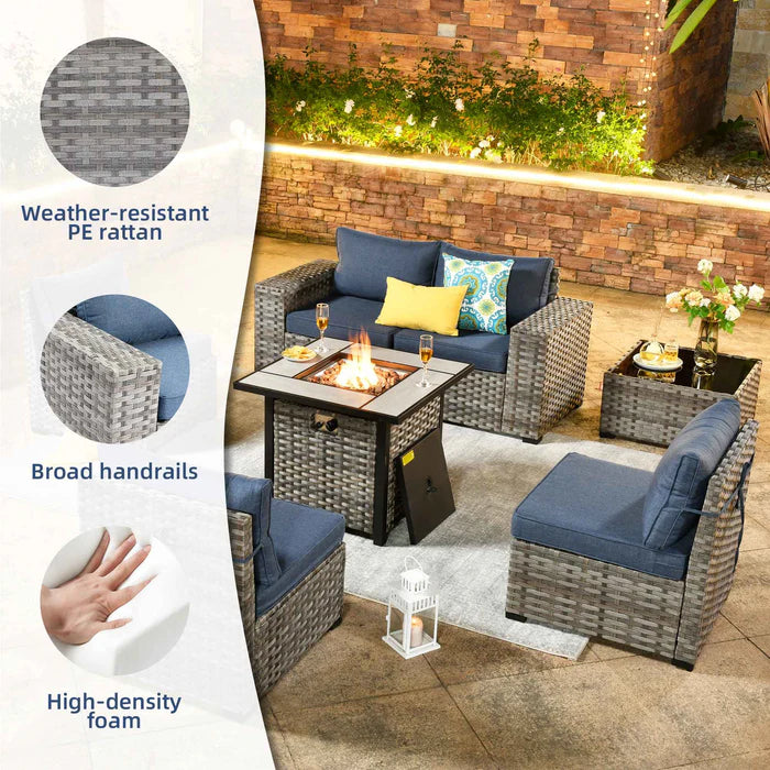 7 Pieces Patio Furniture Set with 7.68'' Broad Handrails and 30'' Fire Pit Table1