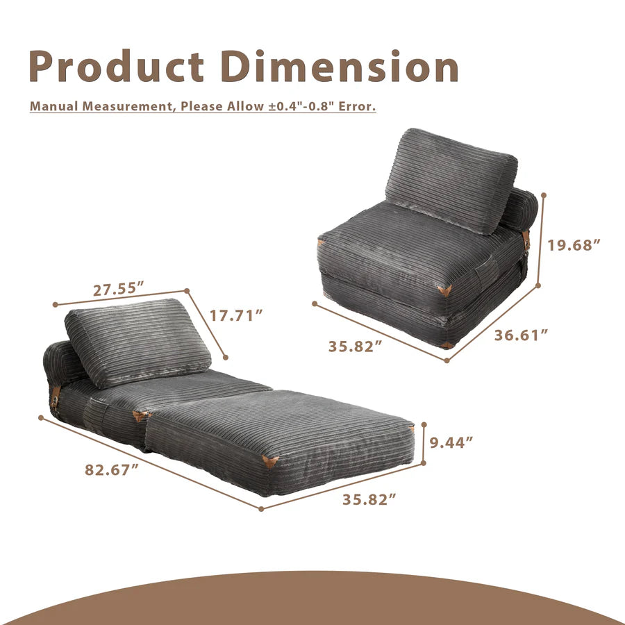 Bean Bag Bed Folding Sofa Bed – Convertible Sleeper Chair with Pillow & Back Support