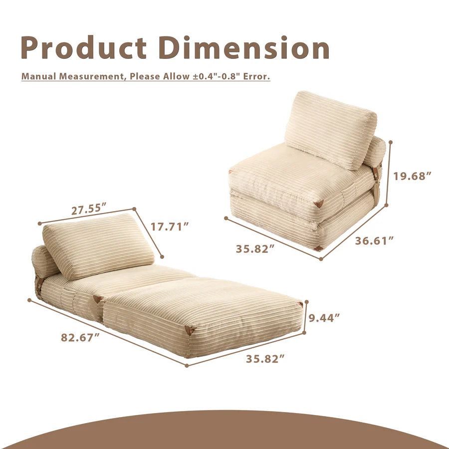 Bean Bag Bed Folding Sofa Bed – Convertible Sleeper Chair with Pillow & Back Support