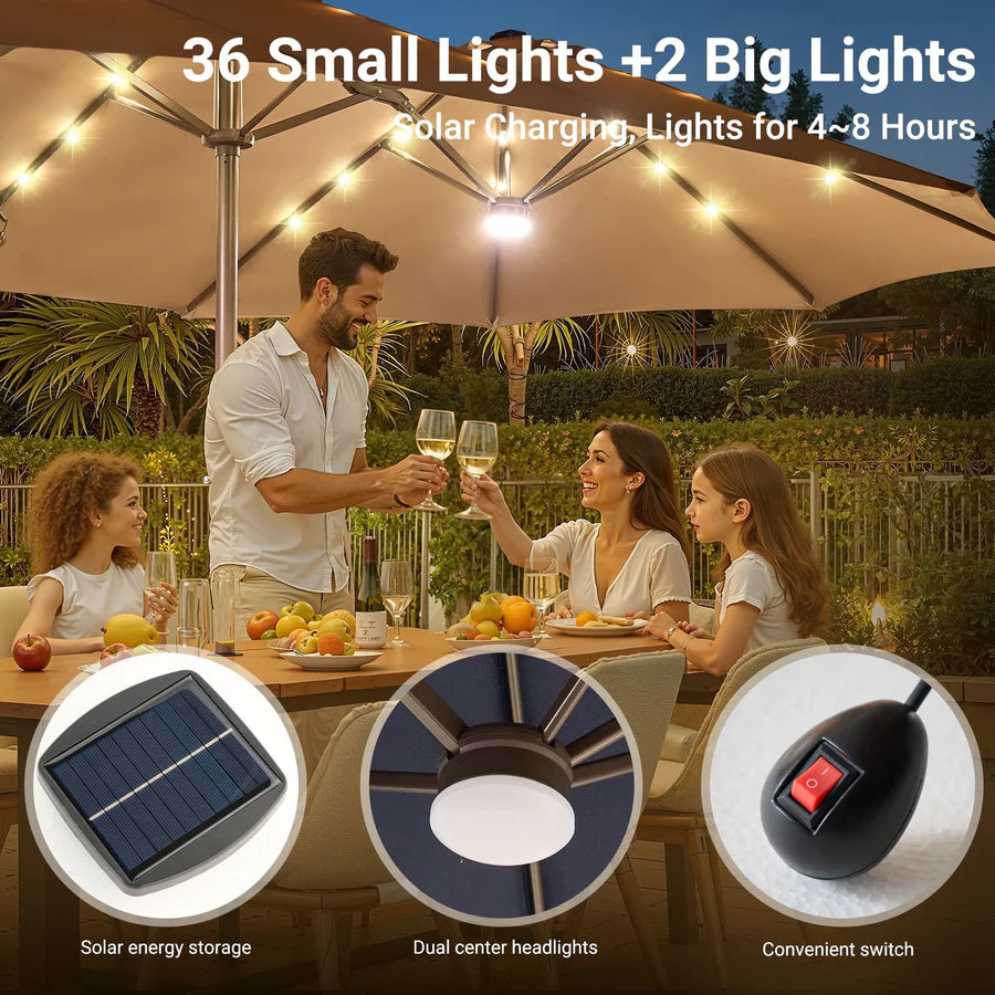 LED Patio Umbrella - Double-Sided Solar Powered with Base