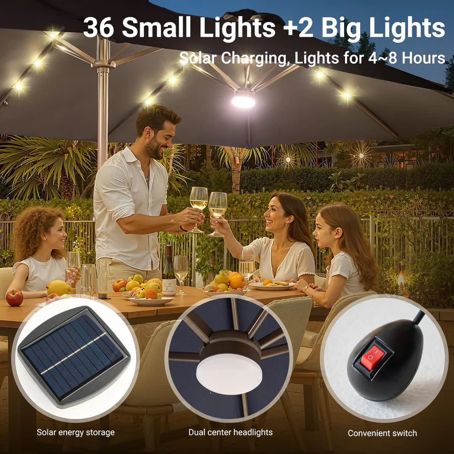 LED Patio Umbrella - Double-Sided Solar Powered with Base