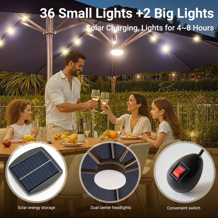 LED Patio Umbrella - Double-Sided Solar Powered with Base