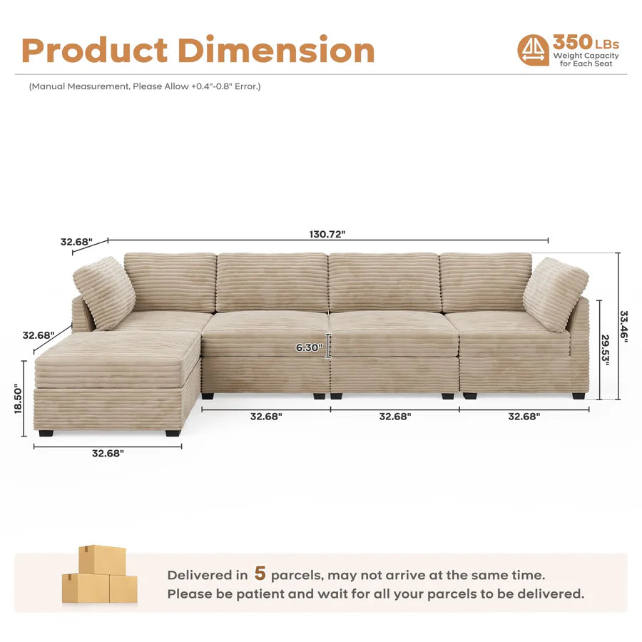 Living Room Modular Couch 5-Pieces Set, 1 Wale Plush Corduroy Fabric