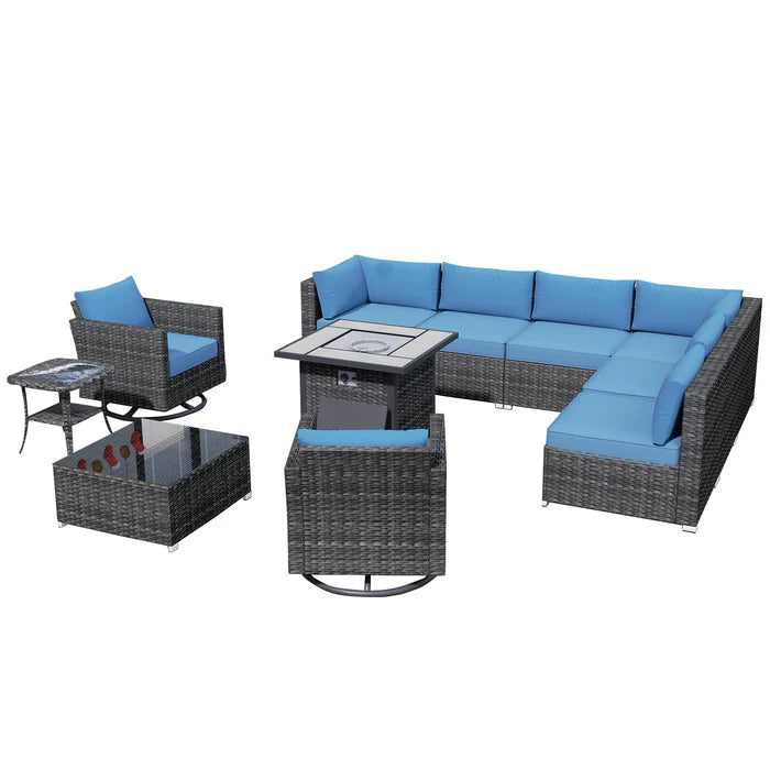 Outdoor Sectional Furniture 11-Piece with Rocking Chair and 30'' Fire Pit Table