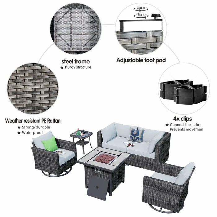 Outdoor Sectional Furniture 6-Piece with Rocking Chair and 30'' Fire Pit Table