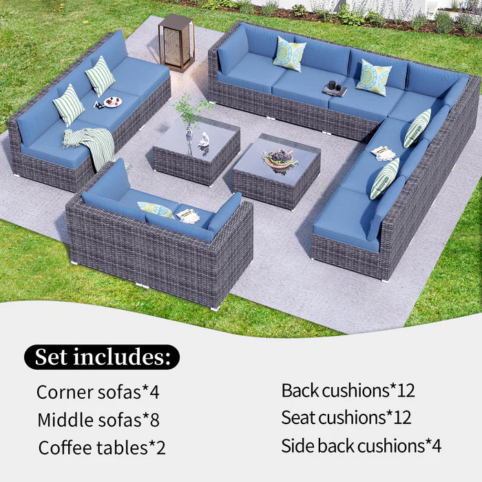 Patio Furniture Set 14-Piece with All Weather Rattan Wicker Sofa and Tempered Glass Table
