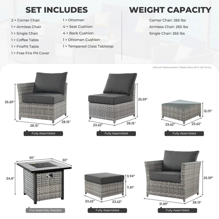 Patio Furniture Set New Rimaru 7-Piece Set include 30'' Square Fire Pit Table Partially Assembled