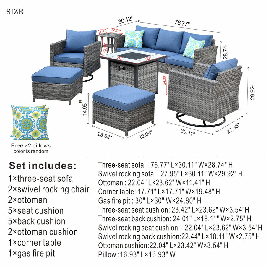 Patio Vultros 7-Piece Set with 2 Rocking chairs and 30'' Propane Fire Pit Table