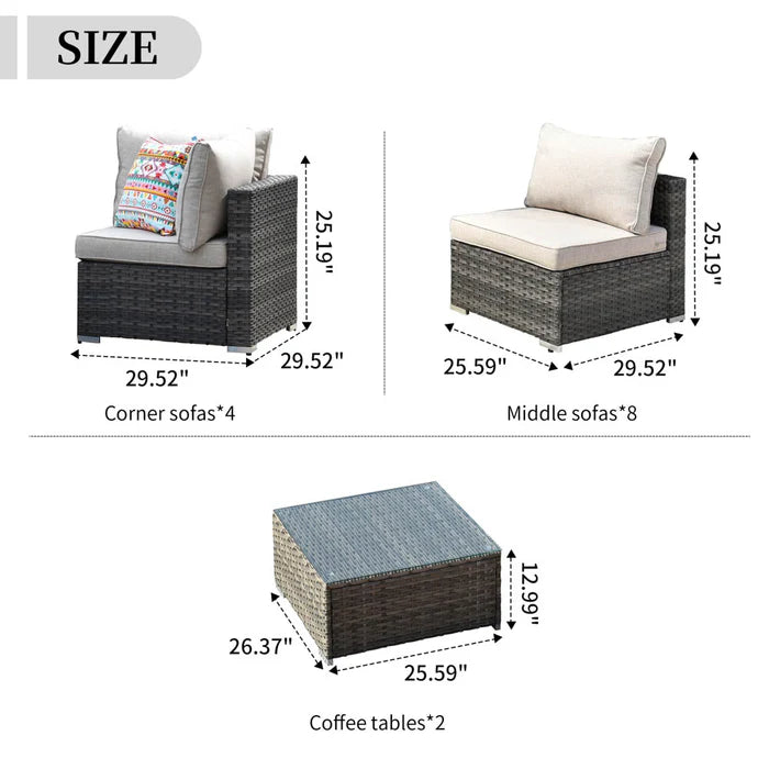 Patio Furniture Set 14-Piece with All Weather Rattan Wicker Sofa and Tempered Glass Table
