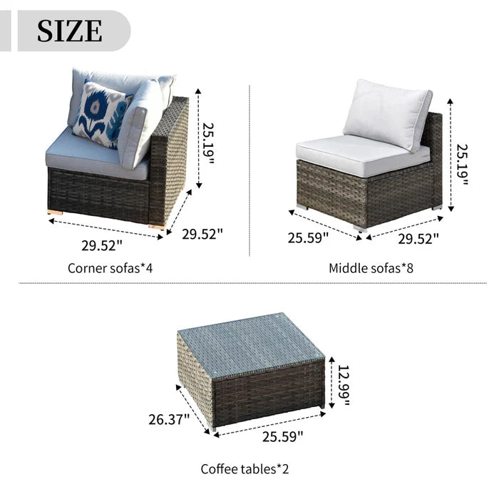 Patio Furniture Set 14-Piece with All Weather Rattan Wicker Sofa and Tempered Glass Table