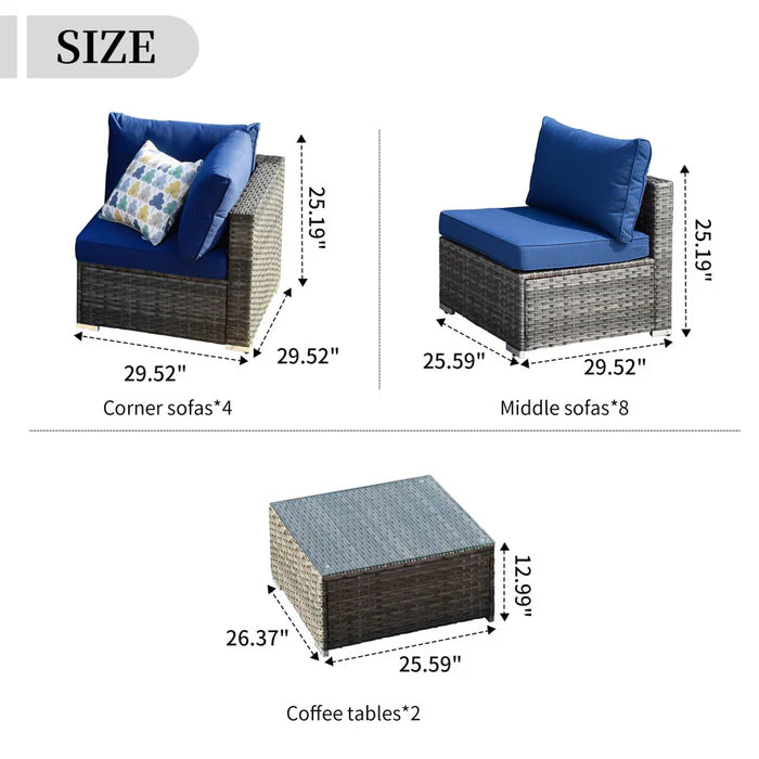 Patio Furniture Set 14-Piece with All Weather Rattan Wicker Sofa and Tempered Glass Table
