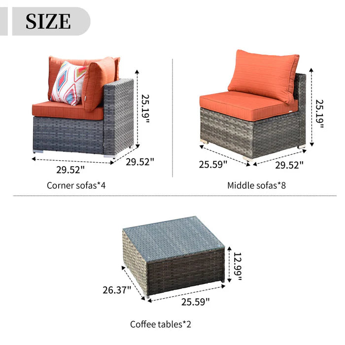 Patio Furniture Set 14-Piece with All Weather Rattan Wicker Sofa and Tempered Glass Table