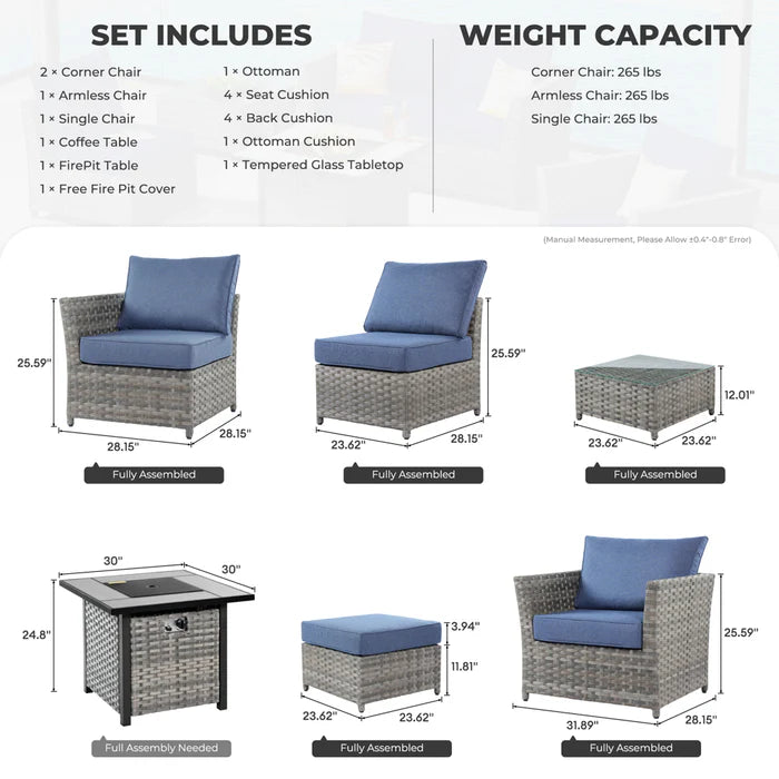 Patio Furniture Set New Rimaru 7-Piece Set include 30'' Square Fire Pit Table Partially Assembled