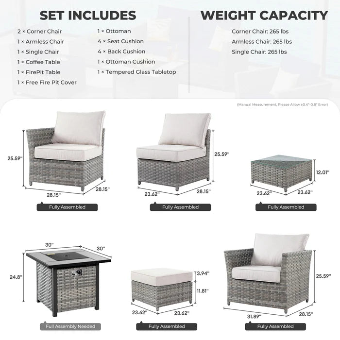 Patio Furniture Set New Rimaru 7-Piece Set include 30'' Square Fire Pit Table Partially Assembled
