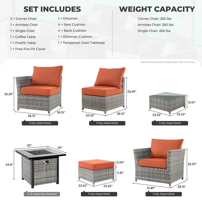 Patio Furniture Set New Rimaru 7-Piece Set include 30'' Square Fire Pit Table Partially Assembled