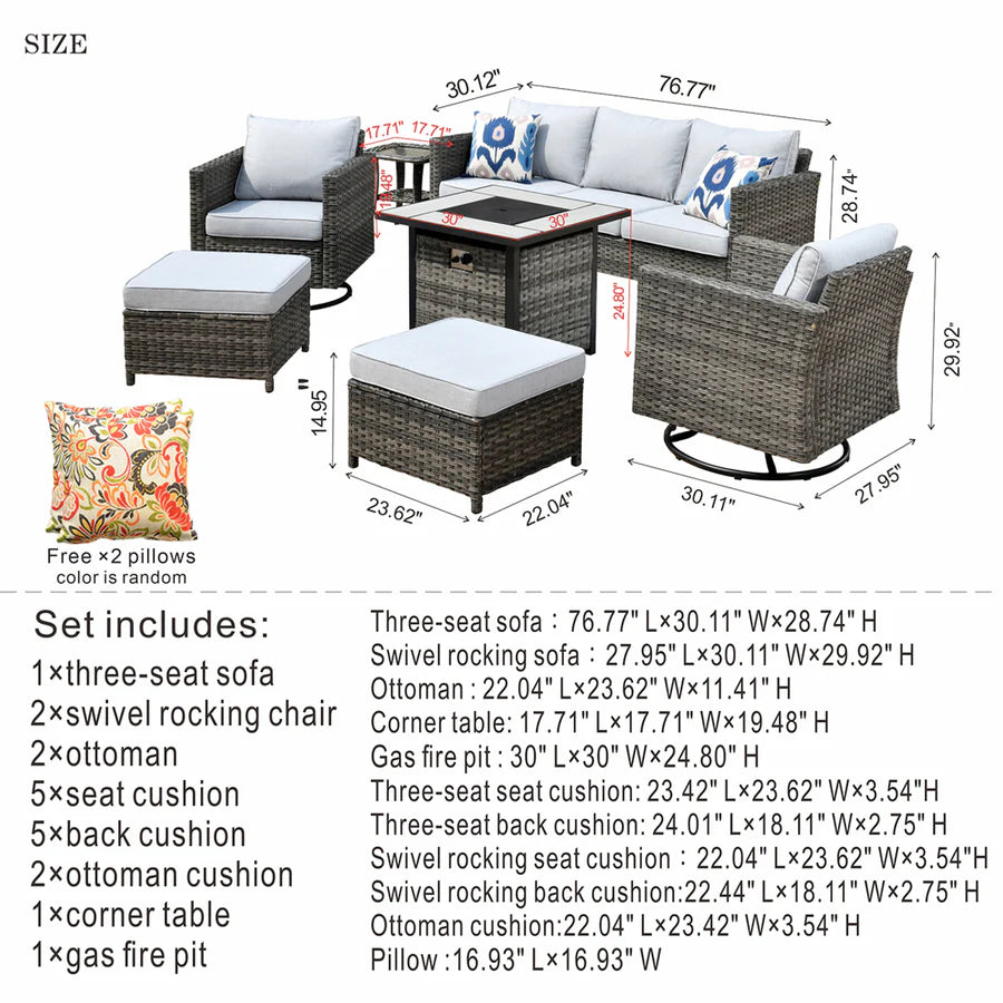 Patio Vultros 7-Piece Set with 2 Rocking chairs and 30'' Propane Fire Pit Table