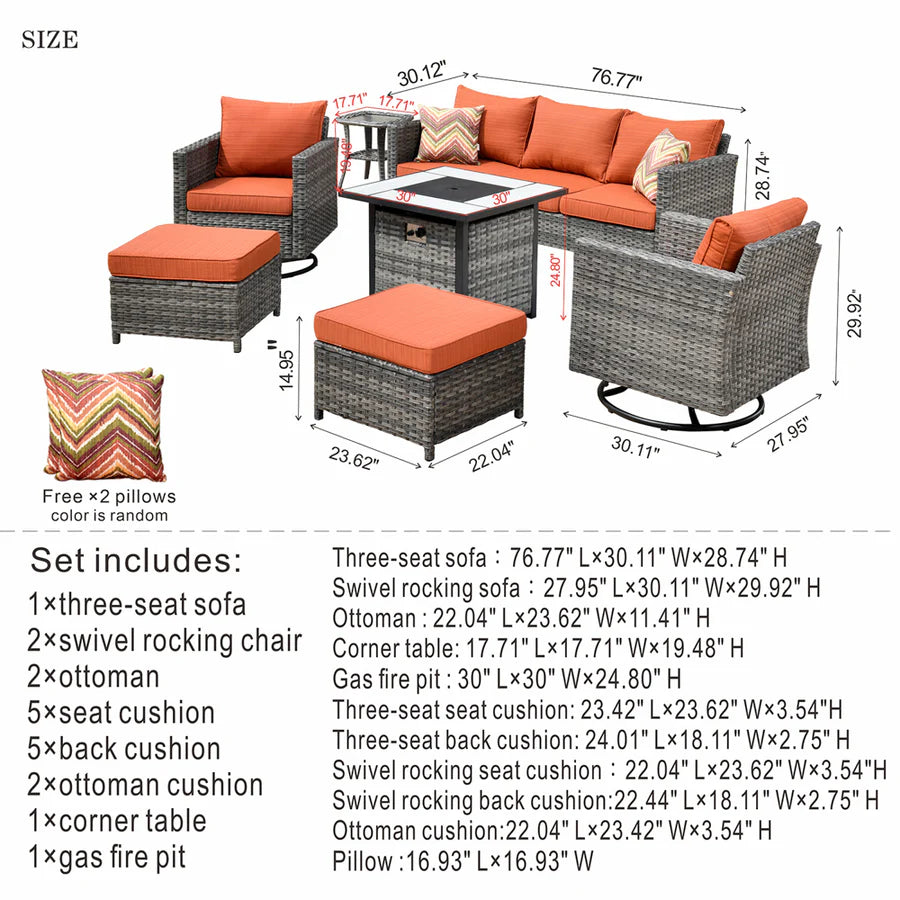 Patio Vultros 7-Piece Set with 2 Rocking chairs and 30'' Propane Fire Pit Table