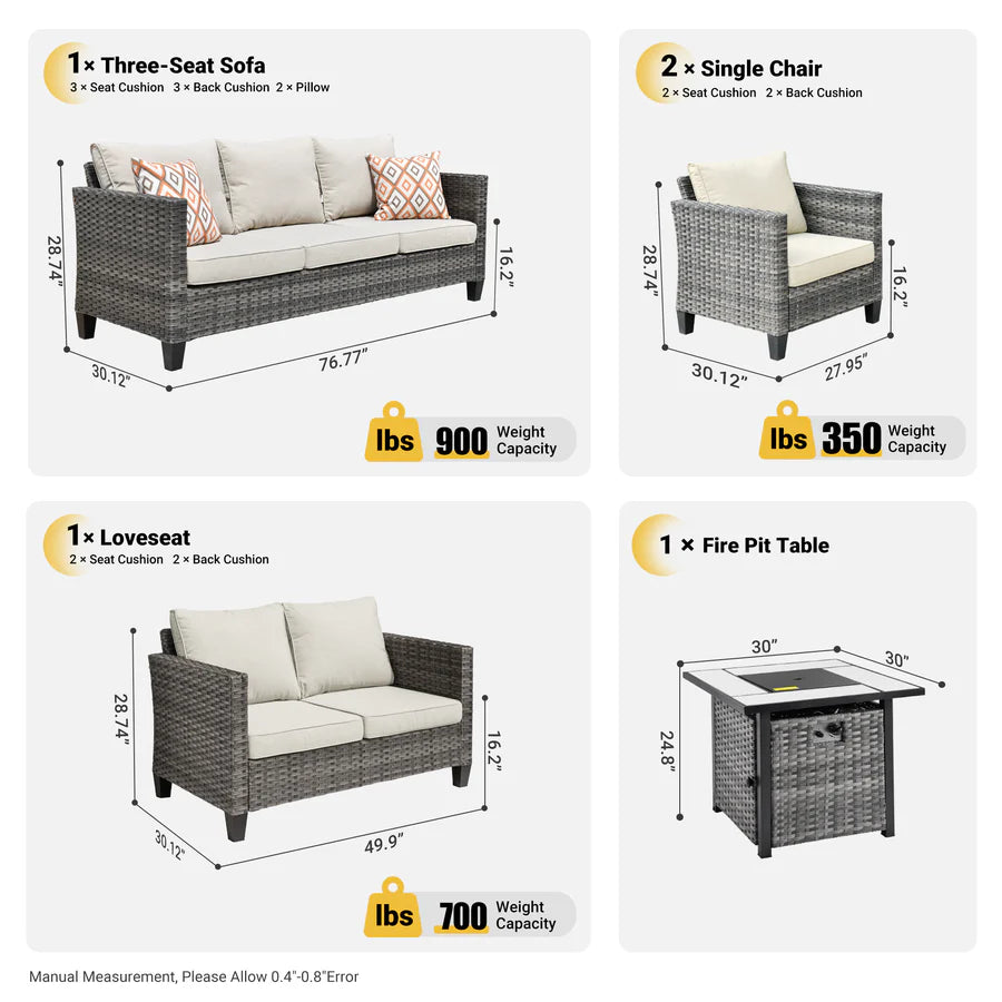 Patio Vultros Furniture Set 7-Person Seating with 30'' Propane Fire Pit Table