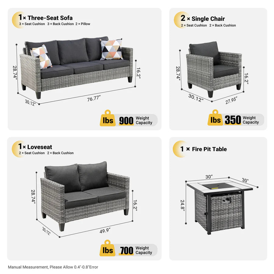 Patio Vultros Furniture Set 7-Person Seating with 30'' Propane Fire Pit Table
