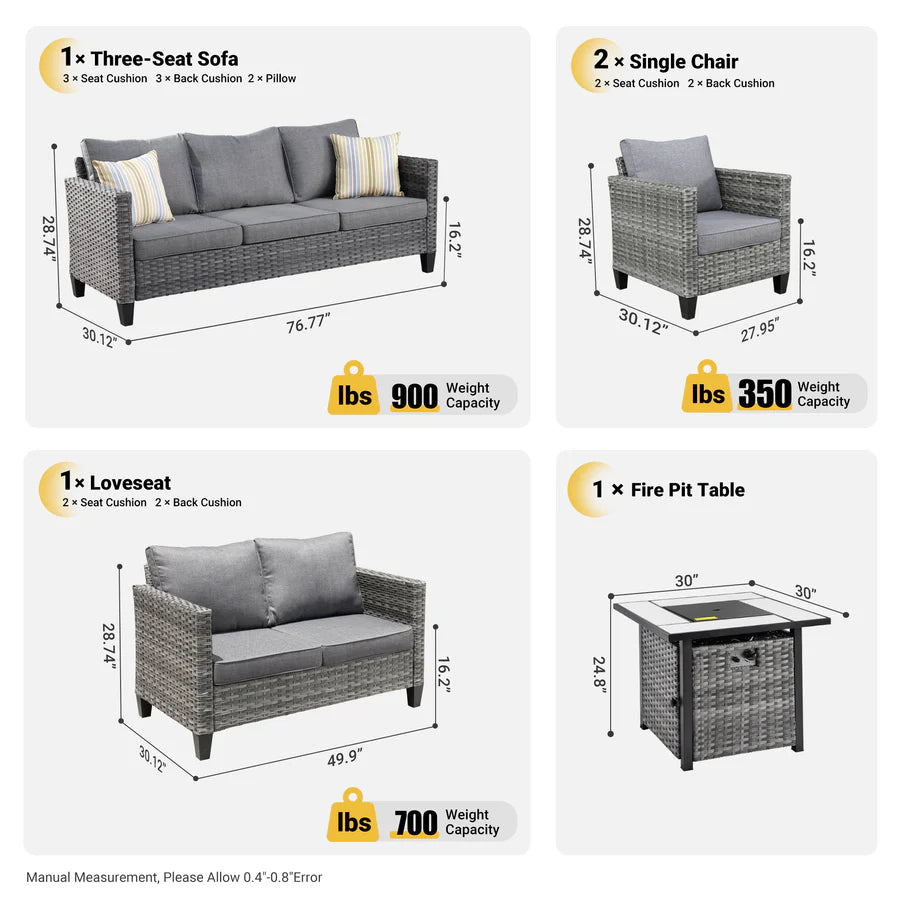 Patio Vultros Furniture Set 7-Person Seating with 30'' Propane Fire Pit Table