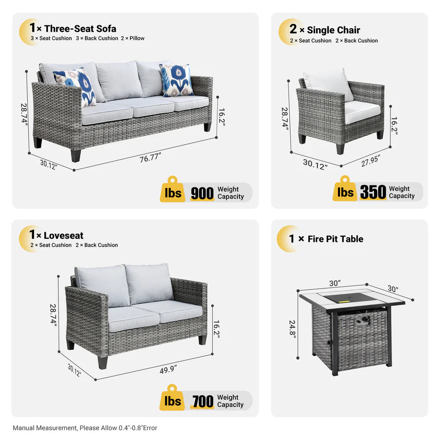 Patio Vultros Furniture Set 7-Person Seating with 30'' Propane Fire Pit Table