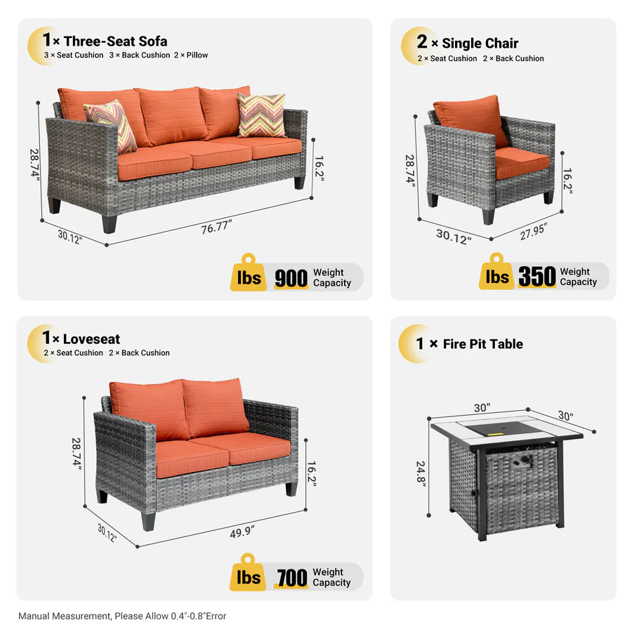 Patio Vultros Furniture Set 7-Person Seating with 30'' Propane Fire Pit Table