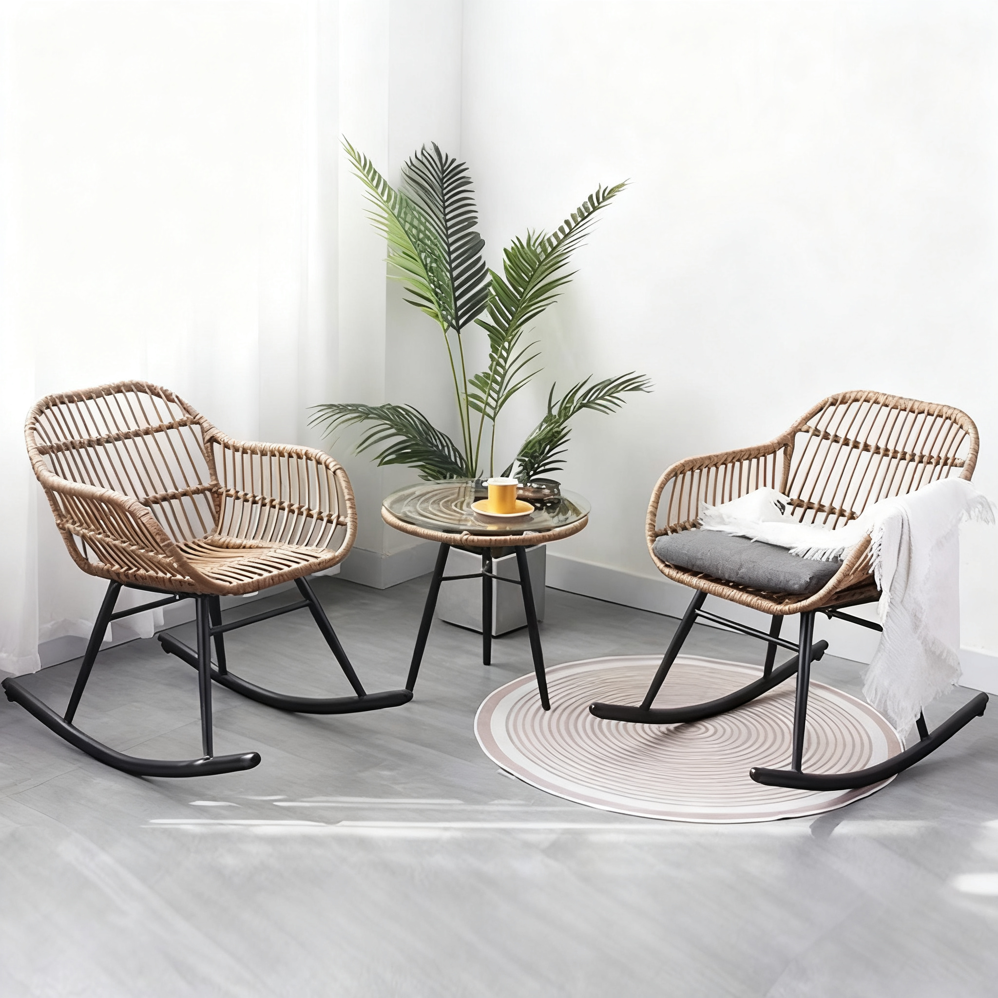 Balcony leisure table and chair outdoor homestay courtyard household coffee table three-piece combination internet celebrity outdoor rattan chair rocking chair